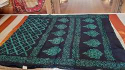 Block Printed Black Saree With Green Design