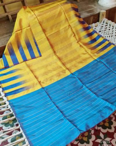 Stylish Yellow and Blue Handloom Silk Saree by Jara Silk