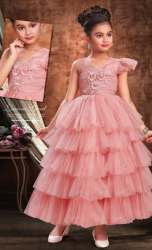 Peach Color Net Kids Gown Frock