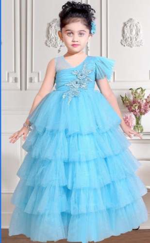 Sky Blue Frill Design Gown Frock for Kids Girls  by K Fashion
