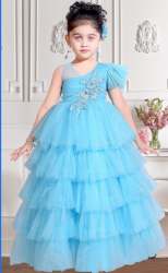 Sky Blue Frill Design Gown Frock for Kids Girls 