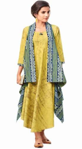 Party Wear Yellow Kurti With Green Stole