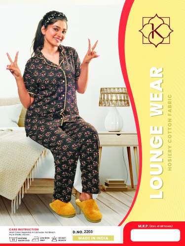 Black Flower Print Night Suit by ahuja brothers