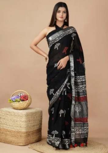 Beautiful Black Linen Cotton Saree by Shivanya  by Shivanya Handicrafts
