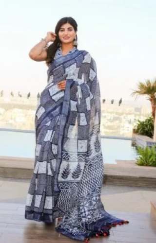 Checks Design Linen Blue Saree  by Shivanya Handicrafts