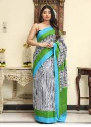 Trendy Cotton Mulmul Block Printed Saree 