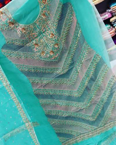 Turquoise Pure Organza Suit Material by Barnala Saree Emporio