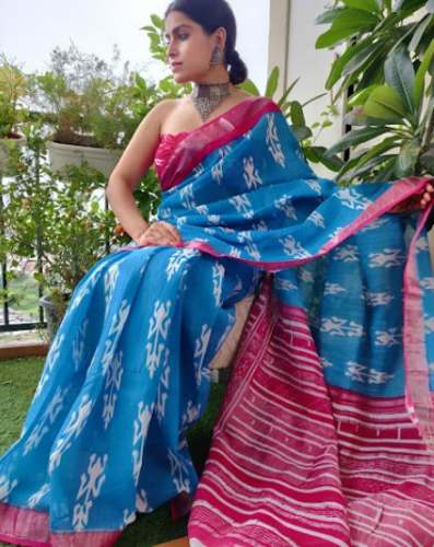 New Collection Blue Printed Saree For Women by Krithika Silk House