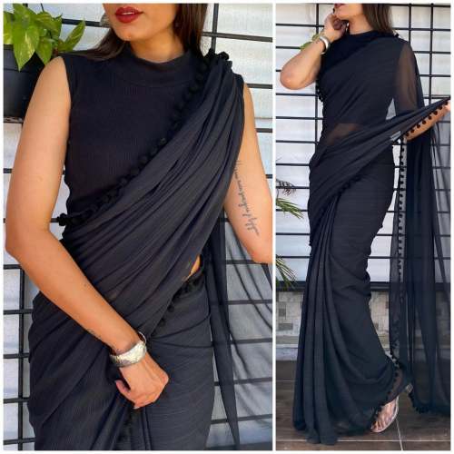 ELINA Georgette Plain Saree With Pompom Lace