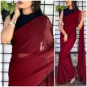 ELINA Georgette Plain Saree With Pompom Lace thumb 2