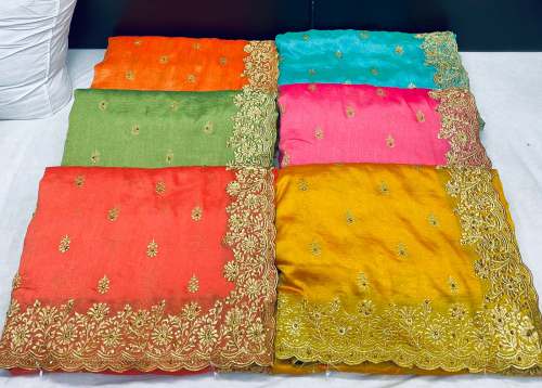 Ladies Vichitra Silk Embroidery Work Saree