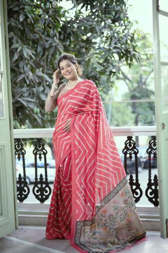 Leheriya Saree with Kalamkari Peacock Pattu