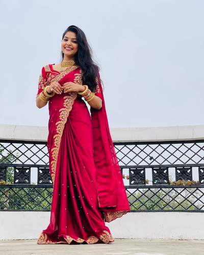 Mahaveer Print Sequence Embroidery Work Saree