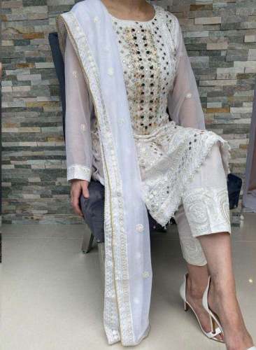 Net Mirror Work White Suit By Hoor Tex 23024