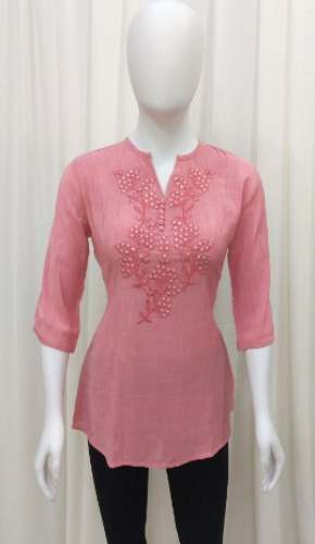 Embroidered Neck Peach Color Tunic Top 