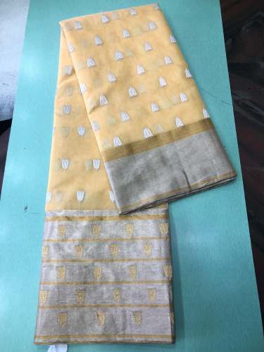 Chanderi kora organza silk Saree ﻿in Light Yellow Color 