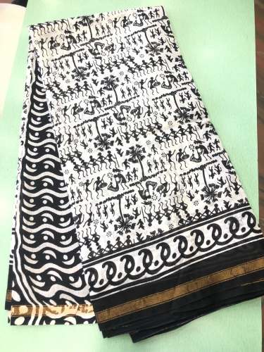 Hand block Black & white self print saree 