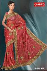 Net Red Stone Work Saree For Women 