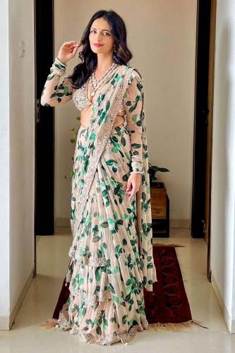 Georgette Ruffle Embroidery Work Ready To Wear Saree  by Angel Boutique