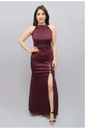    Solid Wine High Slit Maxi Dress