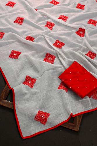SBT Present Beautiful Mirror Work Linen Saree 