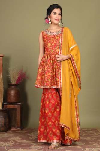 Embroidered Cotton Short Kurti With Sharara  by S C Aura