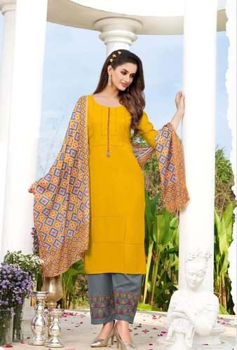 LIVA Rayon Yellow Kurti Pant Set Wth Dupatta by Shirja NX