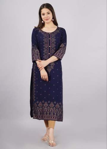 Blue 3/4th Sleeve Printed Kurti 