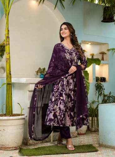 Fancy Purple Anarkali Cotton Naira Cut Kurta Pant Set With Dupatta by Milan