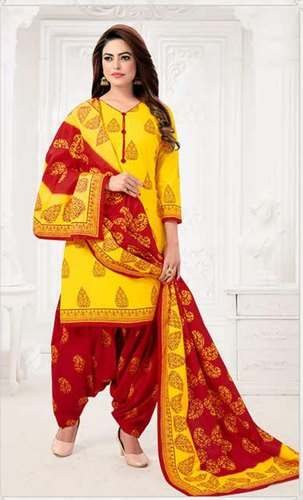 Yellow and Red Cotton Patiala Salwar Suit  by Shiv Shanker Bahety