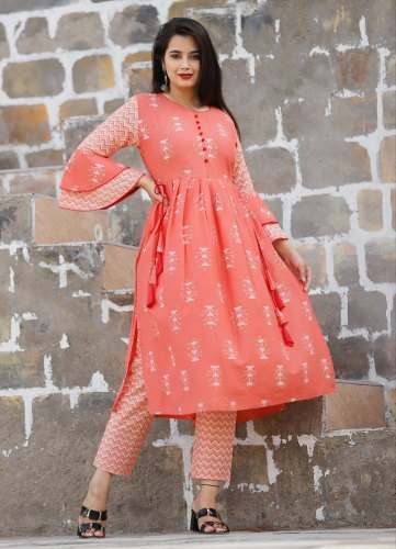 Ladies Orange Cotton Kurti Pant Set by SNS Creations