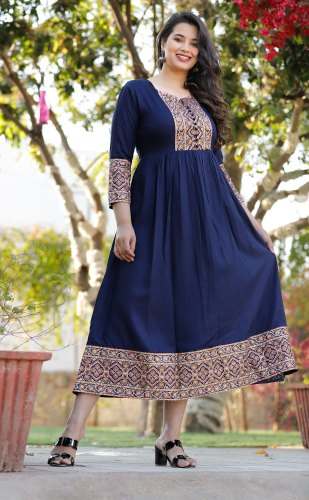 SNS CREATIONS Navy Blue Rayon Kurti