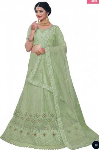 Engagement Special Pista Green Net Lehenga  by Vitva Fab