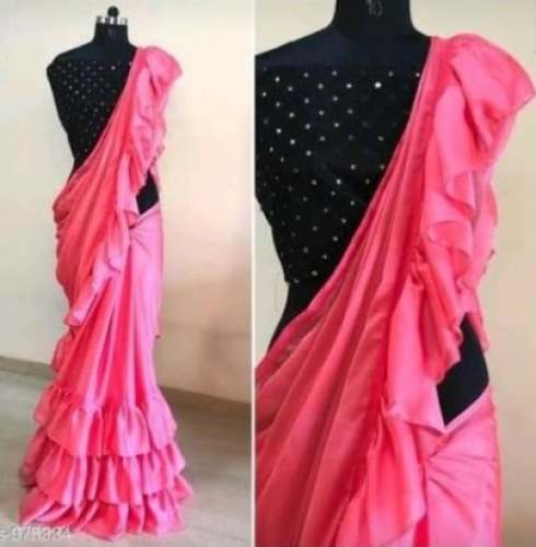 Pink Ruffle Designer Saree With Black Blouse