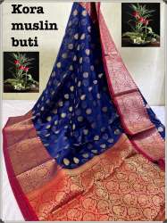 Trendy Kora Muslin Butti Banarasi Saree 