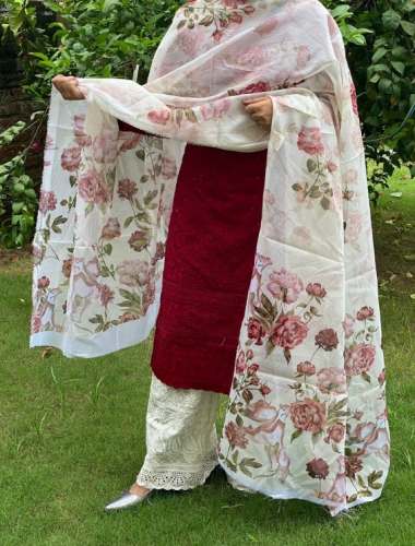 Red and White Palazzo Set With Printed Dupatta