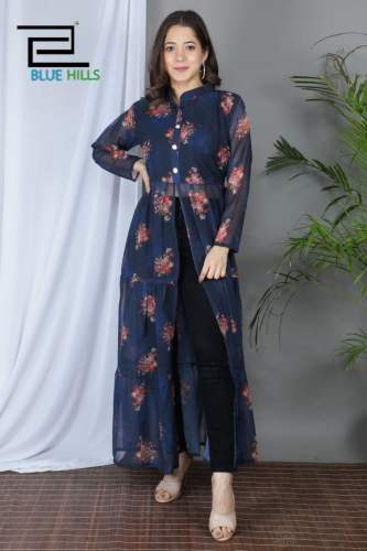 Party Wear Long Gown with Center Slit and Frills