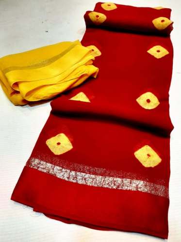 Jaipuri Red Chiffon Saree With Contrast Blouse