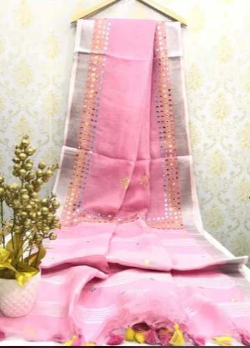 Unique Linen Mirror Work saree 