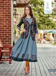 Buy Jaipuri Kurti Present Rayon Printed Kurta with Jacket Set (Black) at  Amazon.in