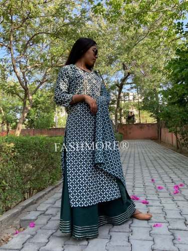 Green Cotton Palazzo Suit for Ladies by Fashmore