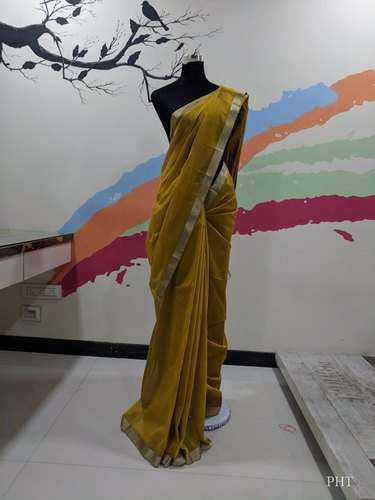 New Yellow Cotton Saree For Ladies by Pravin Handloom Textiles