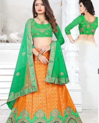 Trendy Orange and Green Silk Lehenga Choli by Kalanjali
