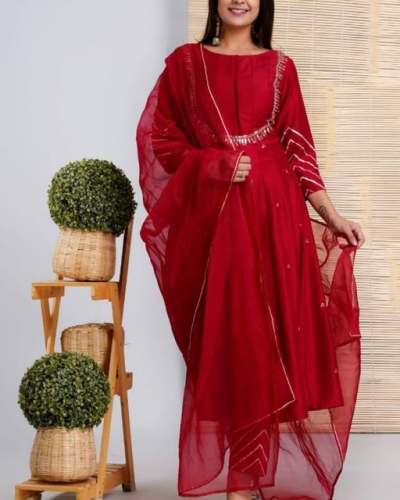 Red Anarkali Kurti Pant Set in Jaipuri Style  by Kurti Nest