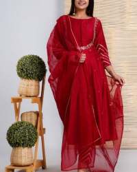 Red Anarkali Kurti Pant Set in Jaipuri Style 
