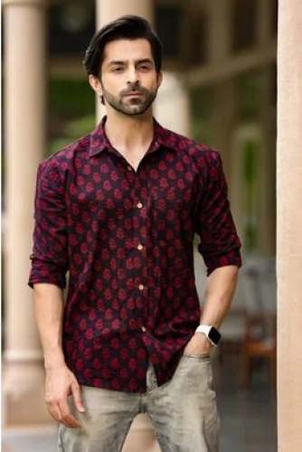 Maroon Block Printed Men Shirt  by Khorania Global Ventures