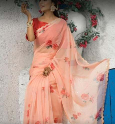 New Fancy Orange Organza Saree For Women