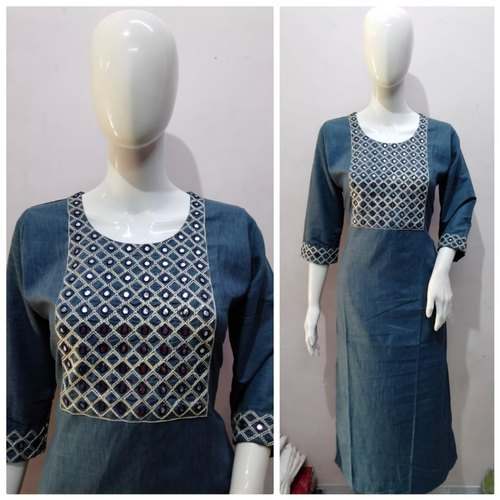 Straight Cur Mirror Work Neck Kurti  by Bijalee