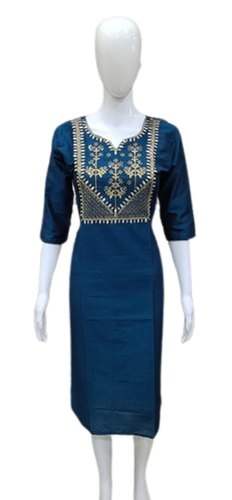 Straight Embroidered Neck Silk Kurti by Vanshika Creation