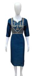Straight Embroidered Neck Silk Kurti
